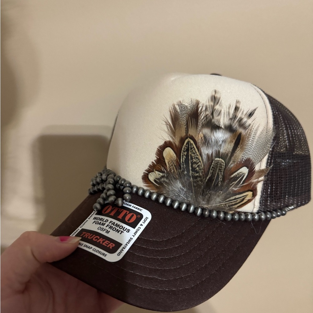 Handmade OTTO Brown and Cream Feathered Cap - Picture 2 of 2